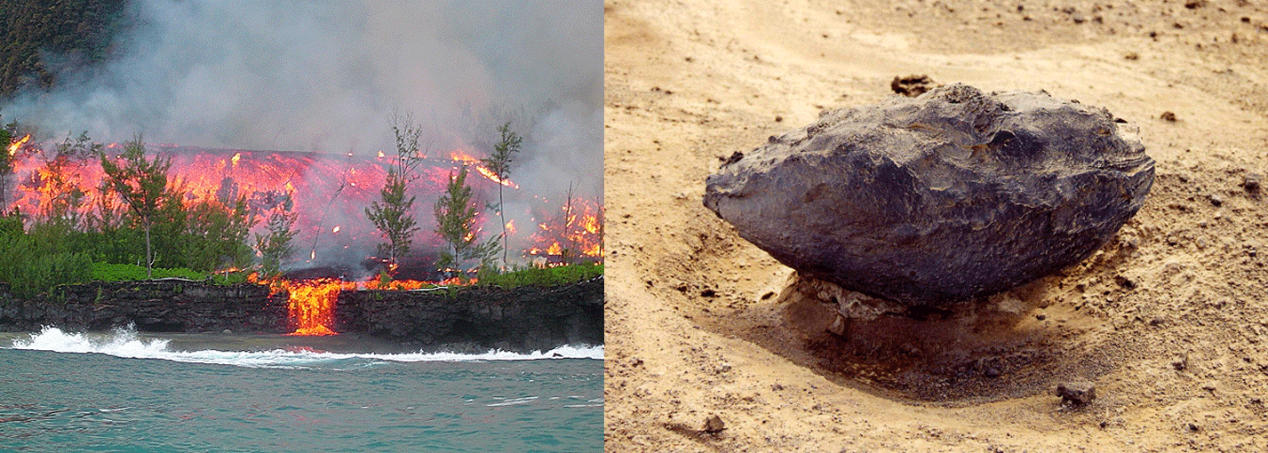 Une coulée de lave et une bombe volcanique