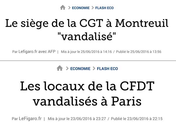 Titres d'articles sur le site du journal Le Figaro le 25 et le 26 juin 2016