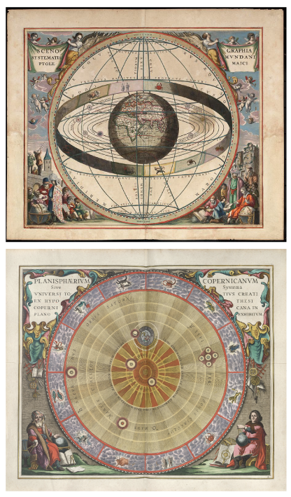 Le système géocentrique de Ptolémée (la Terre au centre de l'Univers) et le système héliocentrique de Copernic (le Soleil au centre de l'Univers)