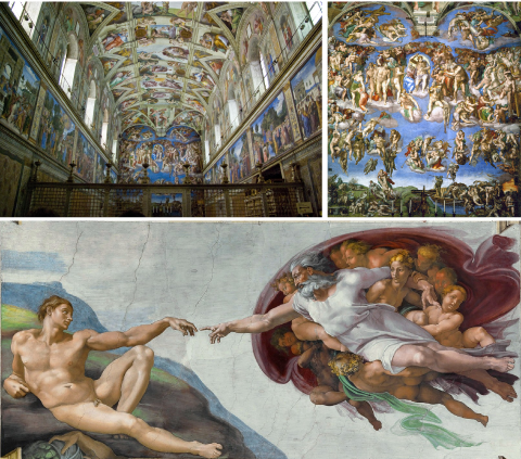 La chapelle Sixtine, la fresque du Jugement Dernier et La création d'Adam par Dieu, Michel-Ange