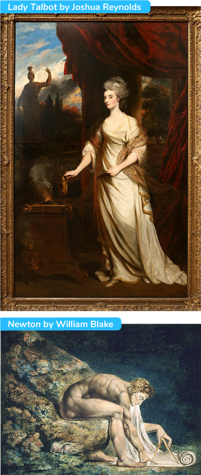 Lady Talbot by Joshua Reynolds et Newton by William Blake